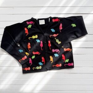 vtg y2k black embroidered cat mouse cotton cardigan sweater size‎ M